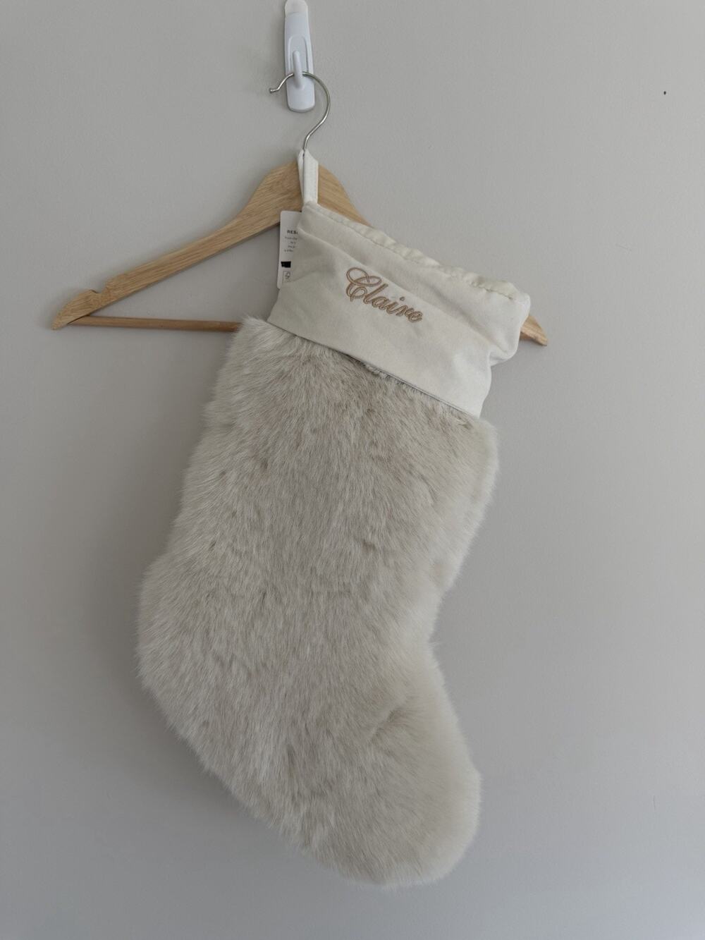 Pottery Barn Alpaca Faux Fur Stocking LARGE 24.5”, Ivory, Monogram “Claire” NWT
